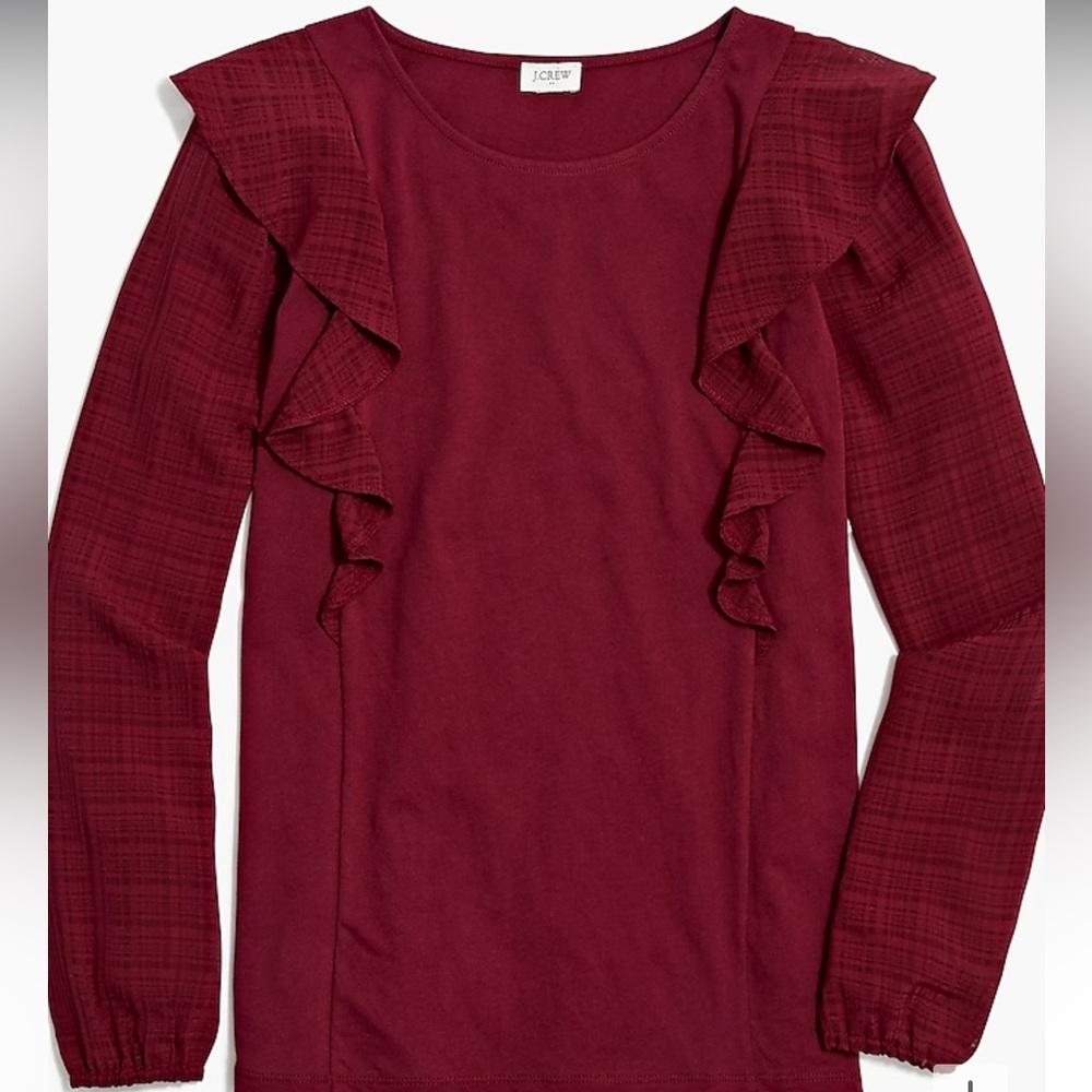 NWT J. Crew Burgundy Ruffle-Shoulder Plaid Jacquard Sleeved Top Women’s Small